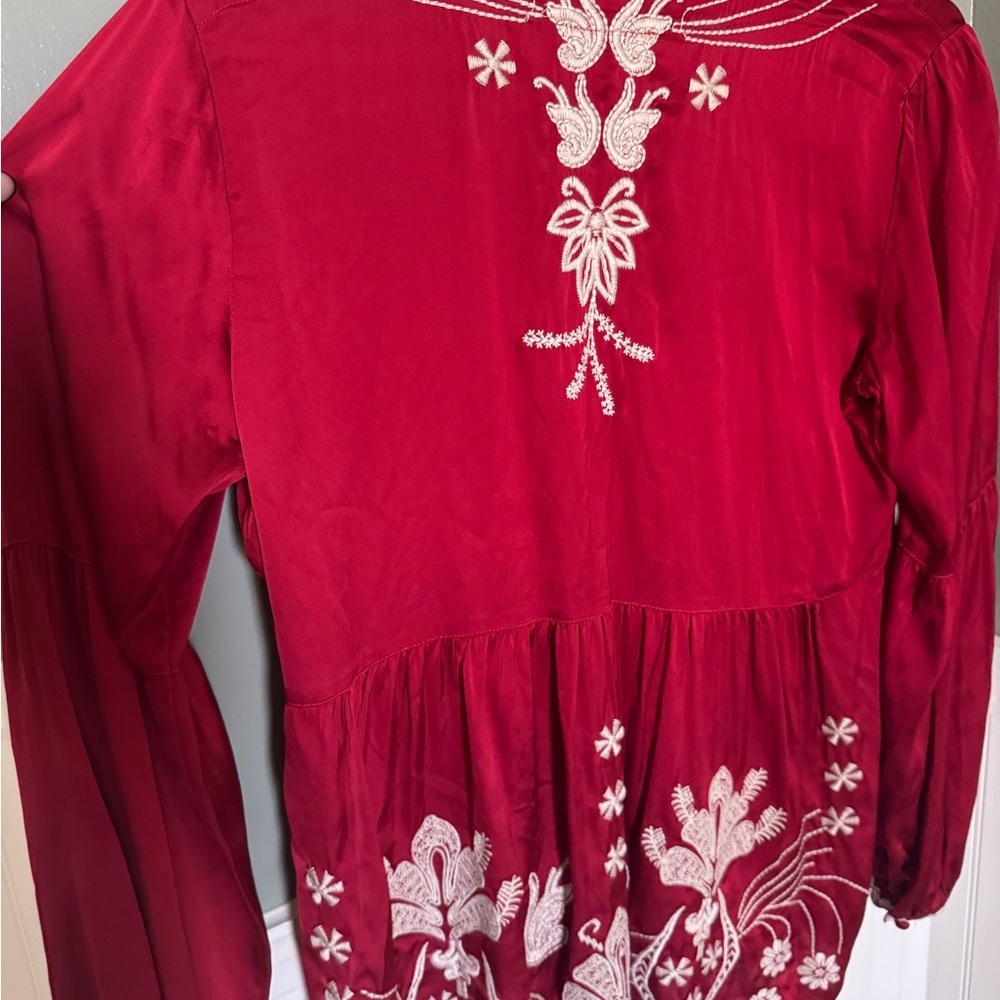Johnny Was Bishop Sleeve Blouse Burgundy Embroidered Odette Small Retails $298! - Picture 6 of 7